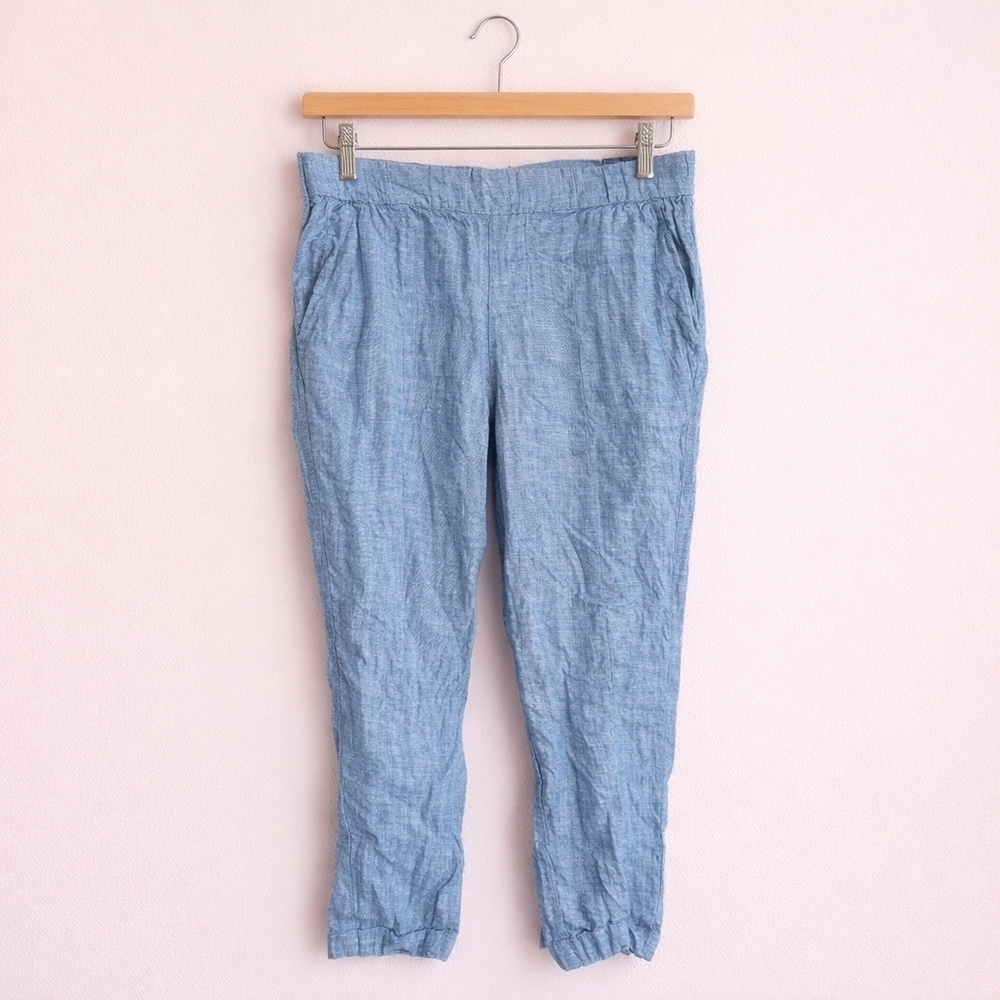 100% Linen Nicole Miller High Waist Chambray Trouser Pants